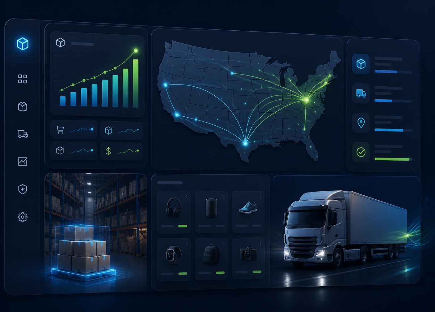 Lirova Fulfill LK warehouse dashboard showing US shipping routes, live order analytics, and same-day fulfillment